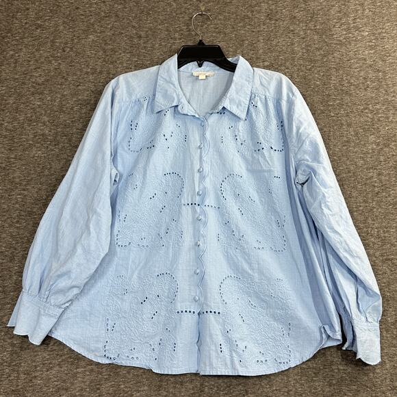 Jennifer & Grace Button Down Top Size XL Eyelet Powder Blue Long Sleeve - Picture 1 of 6